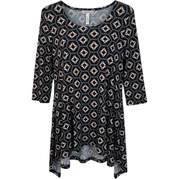 Buffalo Creek Tops - Buffalo Creek Womens Geometric Handkerchief Hem Tunic Navy 3/4 Sleeve size Med